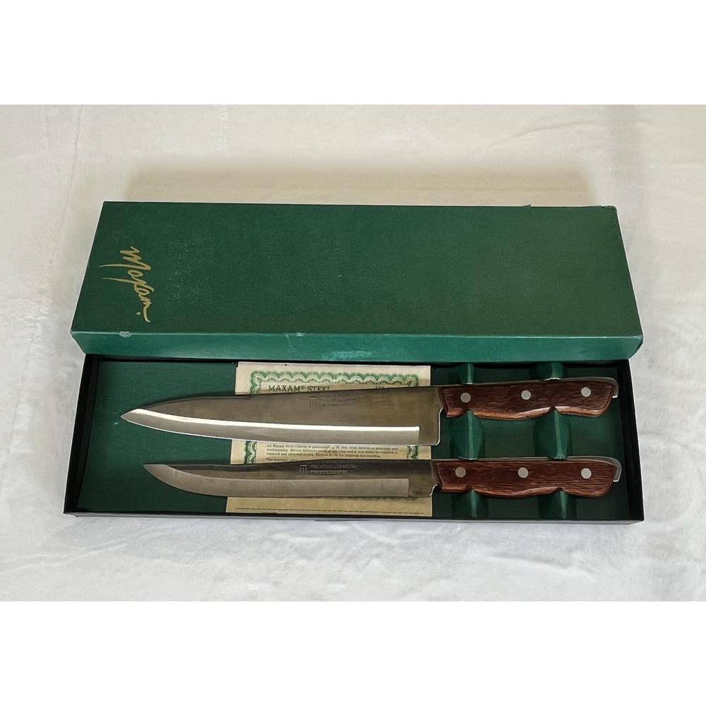 Vintage Maxam Steel Kitchen Knife Set 2 Pieces Wood Handle French Carving Chef H